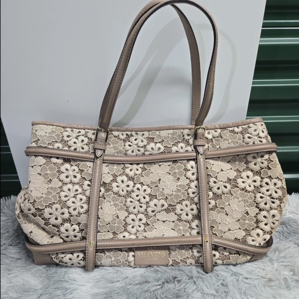 Valentino Garavani Women's Leather Tote Bag Brown Flower Lace